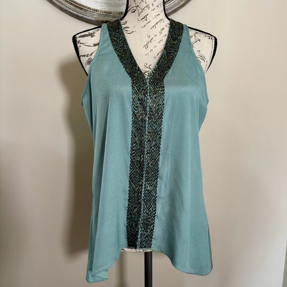 MM COUTURE Elegant Beaded V-Neck Sleeveless Blouse – Aqua Blue Size L - Picture 1 of 4
